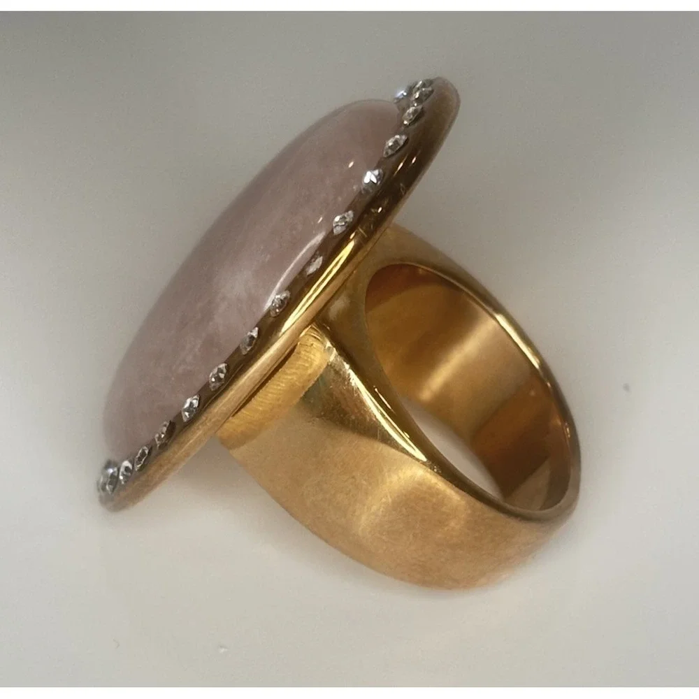Huge Rose Quartz Cabochon Ring Size 9 Gold Tone Rhinestone Statement